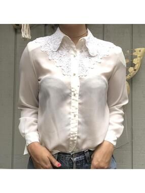 Vintage 80s Cream Lace Button Down Blouse Christine and Jill Prairie Gunne Hippy